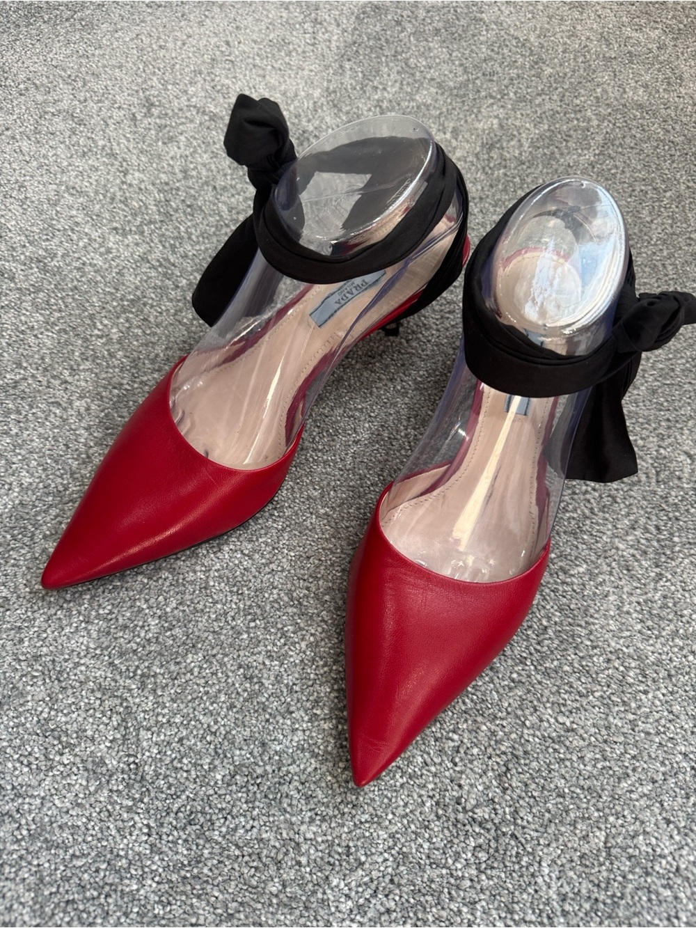 Archive Prada Milano Red Leather Ribbon Wrap Kitten Heels | Size 38 | Dust Bags - Picture 3 of 16